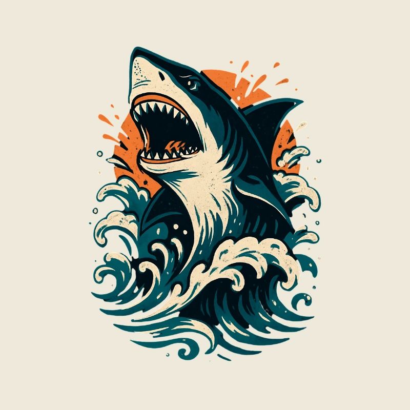 Le requin rugit à travers les vagues orangées