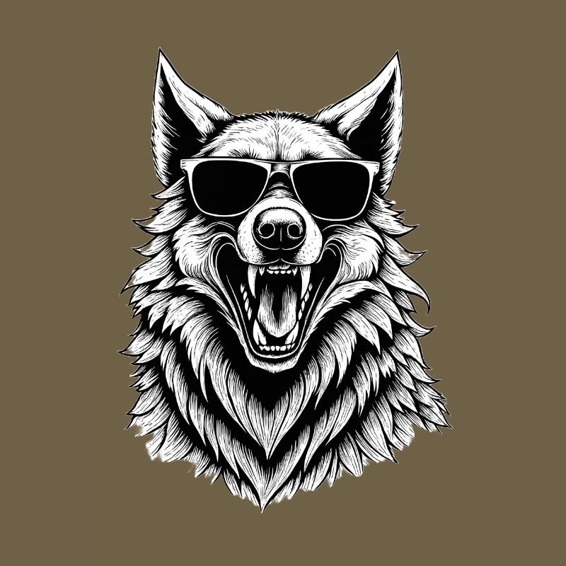 lachender Wolf mit Sonnenbrille
