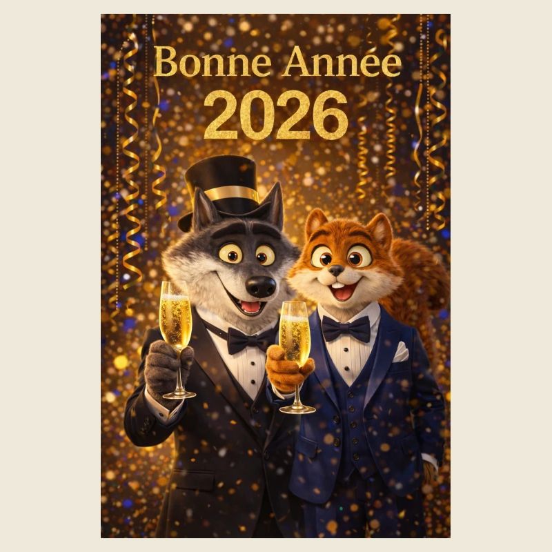 Bonne Année 2026 – Loup et écureuil élégants