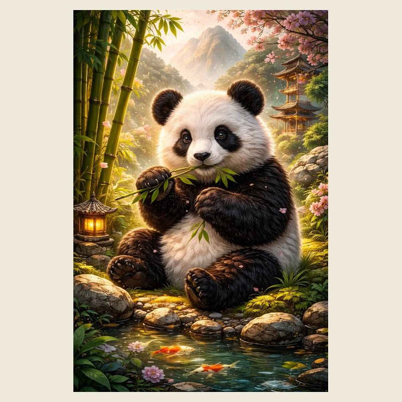 Panda dans le jardin zen
