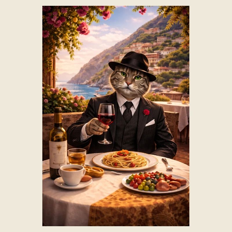 Chat en costume Dolce Vita avec des pâtes