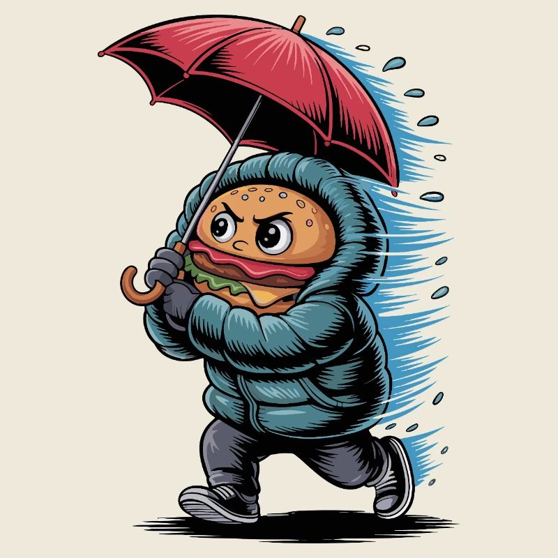 funny burger in the rain with umbrella and
