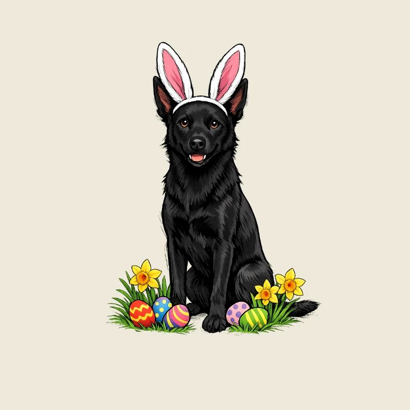 Easter dog with bunny ears and Easter eggs