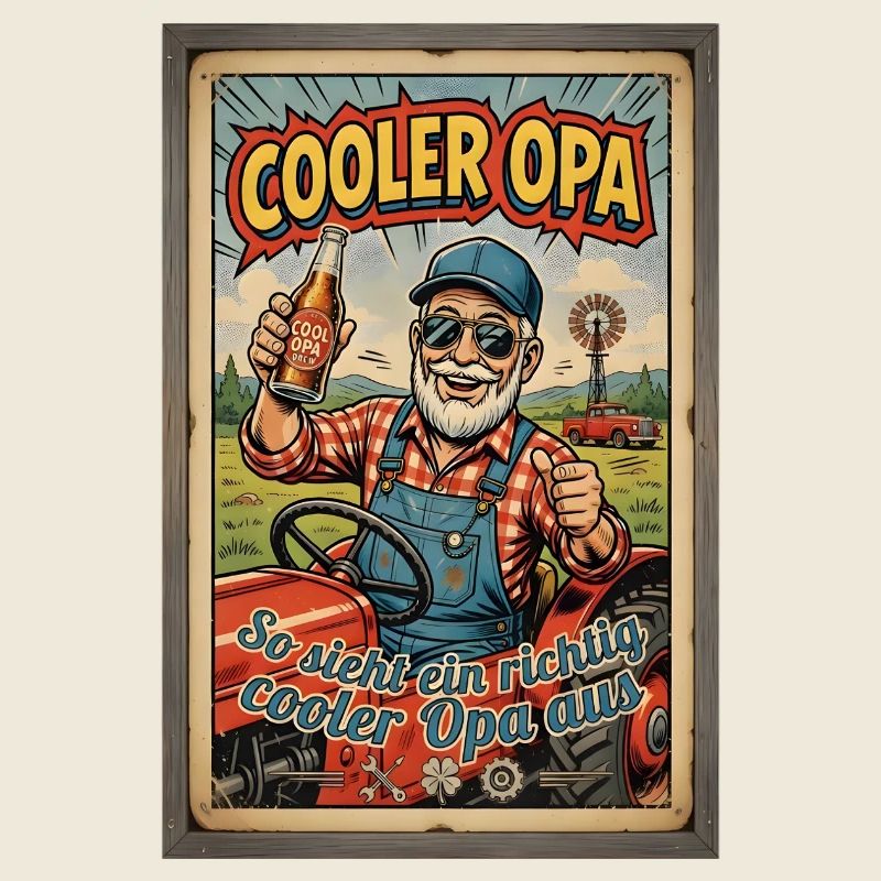 Cooler Opa auf dem Traktor