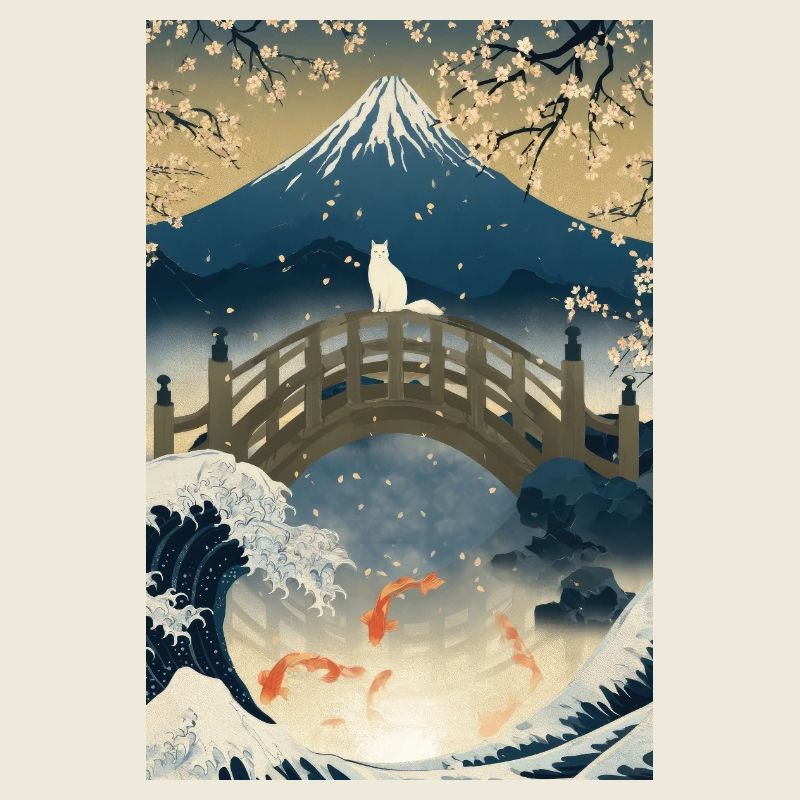 Chat sur le pont sous le mont Fuji Nuit