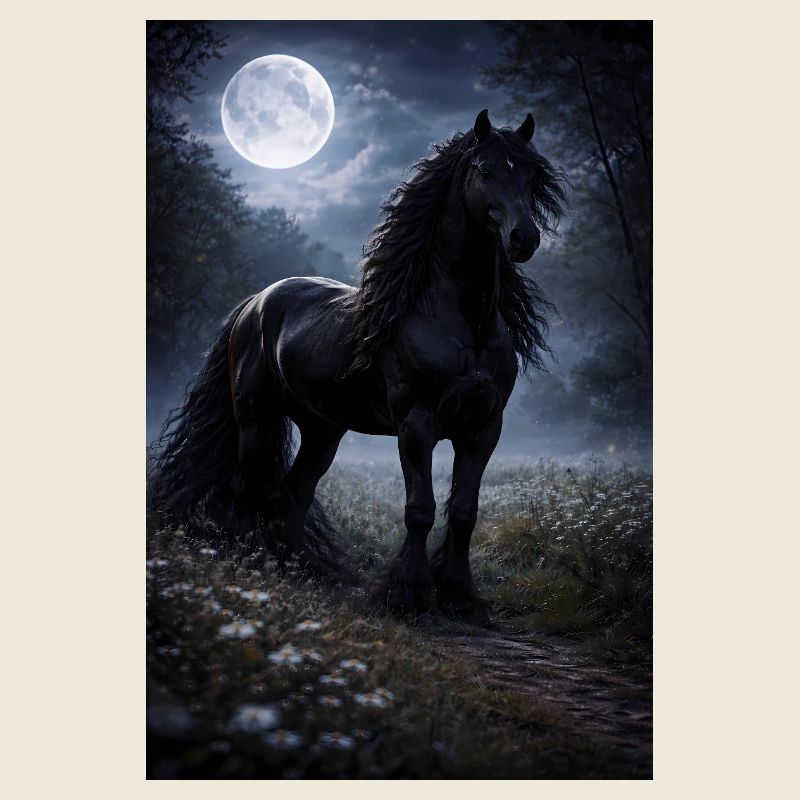 Cheval de Nuit au clair de lune dans la forêt de nuages