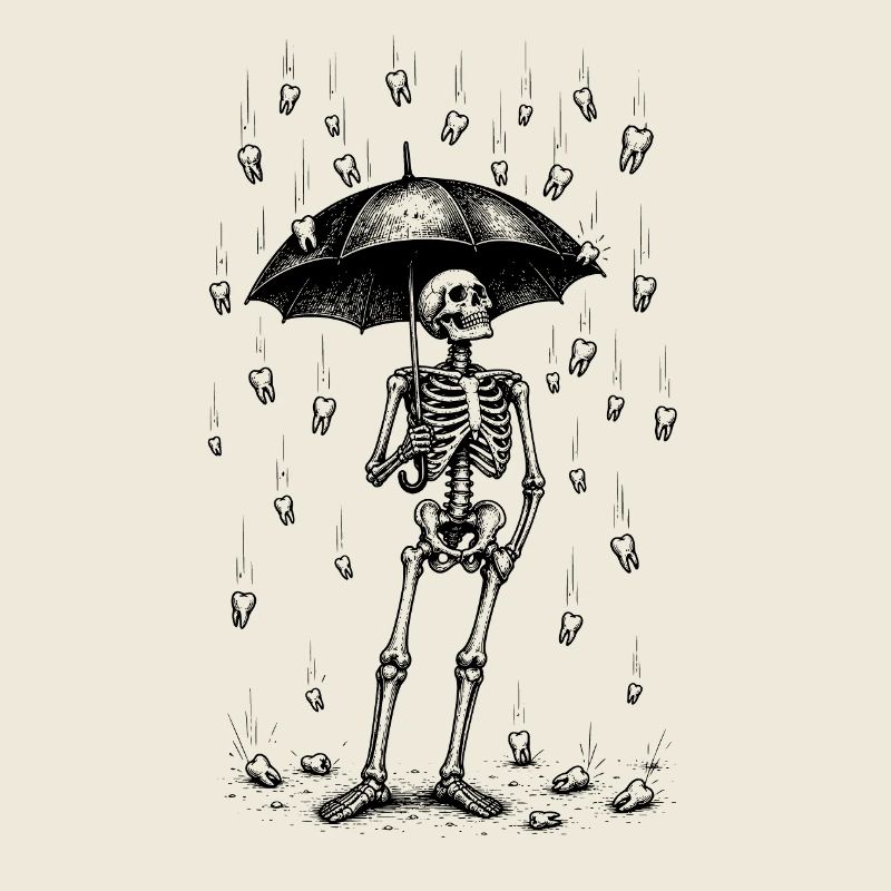 Squelette sous la pluie de dents avec parapluie