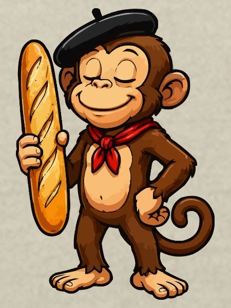 Baguette-Affe mit Baskenmütze