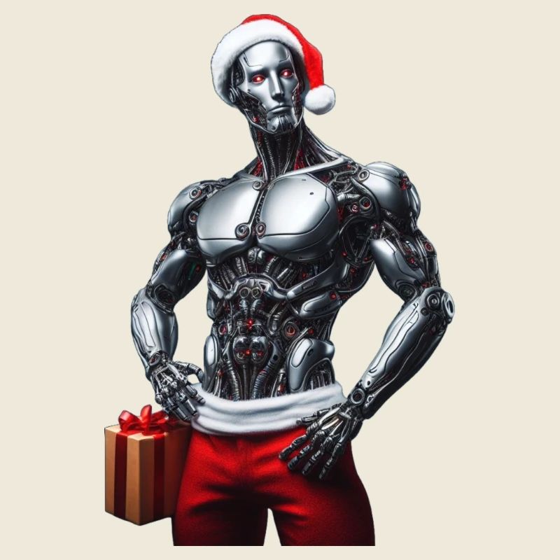 Cyberrobot avec chapeau de Père Noël et cadeau