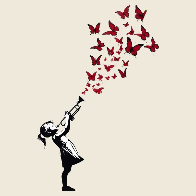 Fille au papillon trompette style art de rue