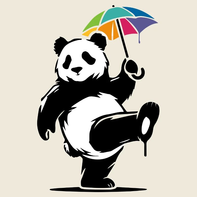 Tanzender Panda mit Regenbogenschirm