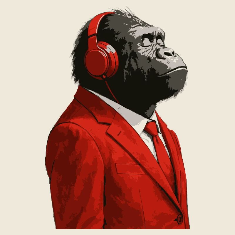 Gorilla im Anzug mit Kopfhörern