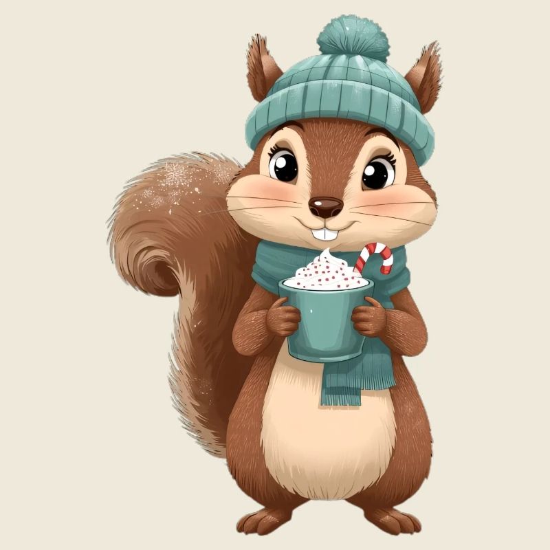 Winterliches Eichhörnchen mit Heißgetränk