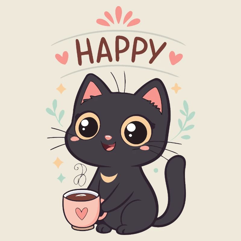 Schwarze Katze Glücklicher Kaffee