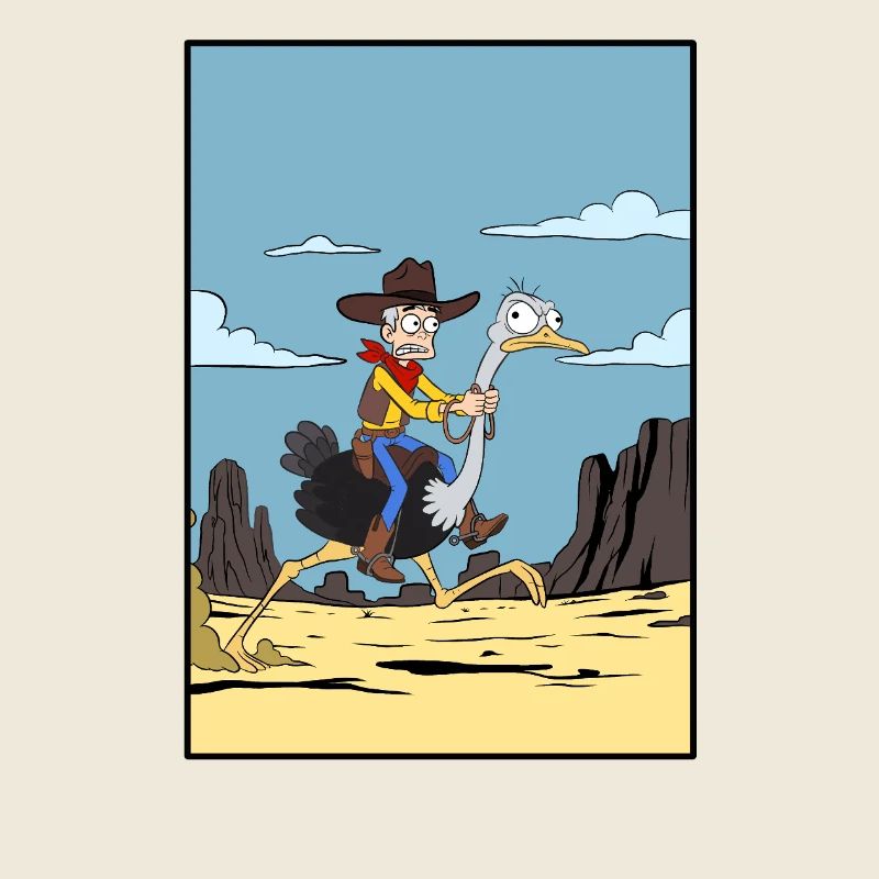 Cow-boy chevauchant un émeu dans le désert