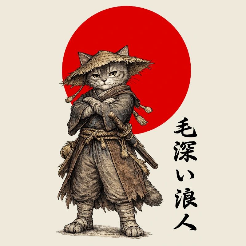Katzen-Ronin-Samurai unter roter Sonne