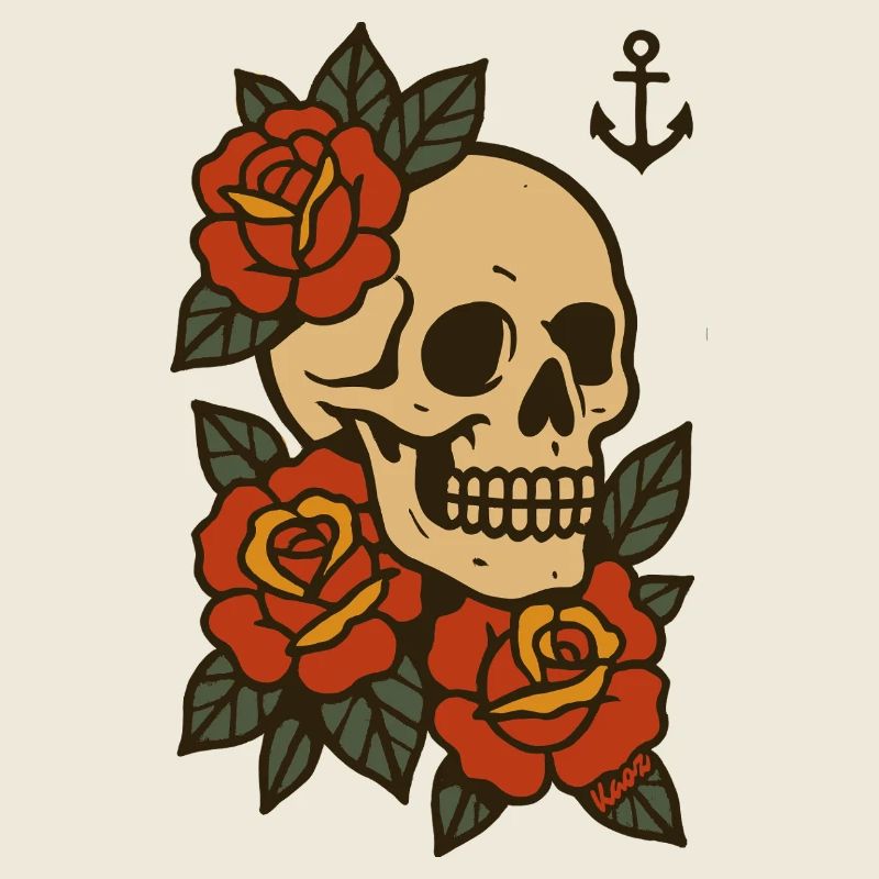 Skelett mit Rosen und Anker Tattoo