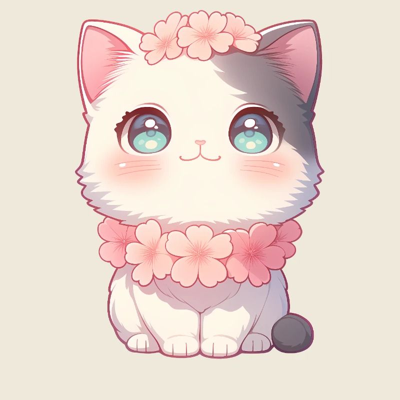 Couronne de fleurs de sakura en chat blanc de Kawaii style chibi