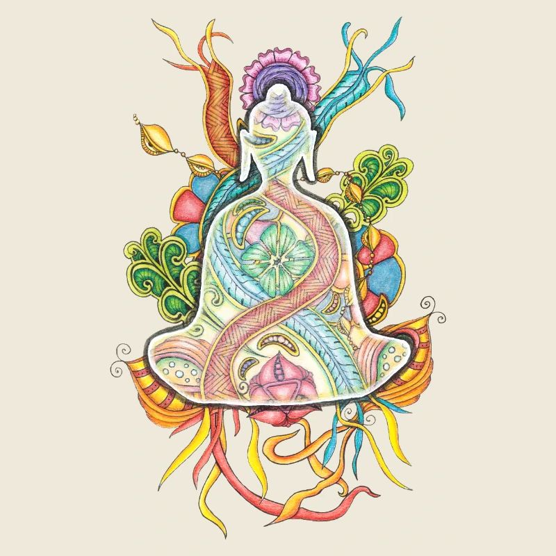 Bouddha Tranzant méditant dessiné à la main - coloré