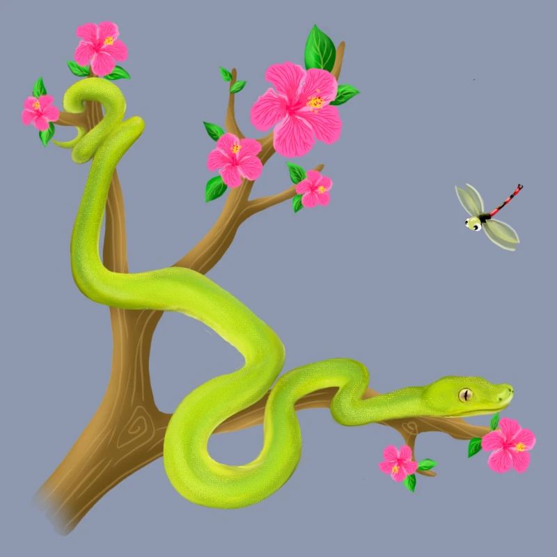 Le serpent Python vert sur l’arbre avec des fleurs
