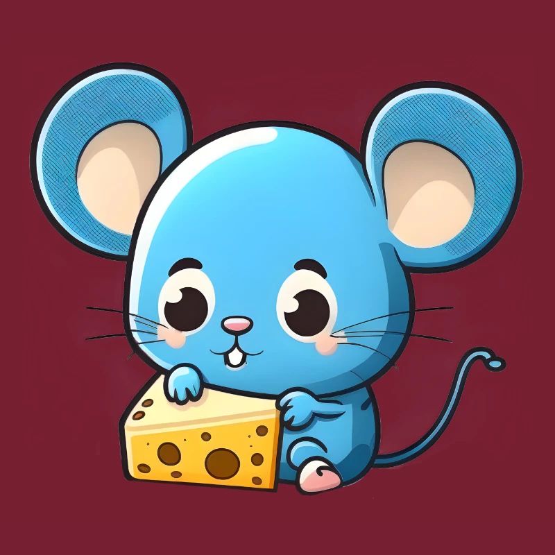 Little blue comic mouse plays with cheese
