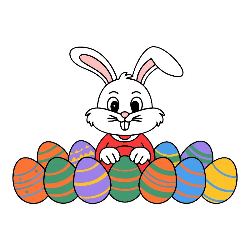 Funny Easter bunny with lots of colorful Easter eggs
