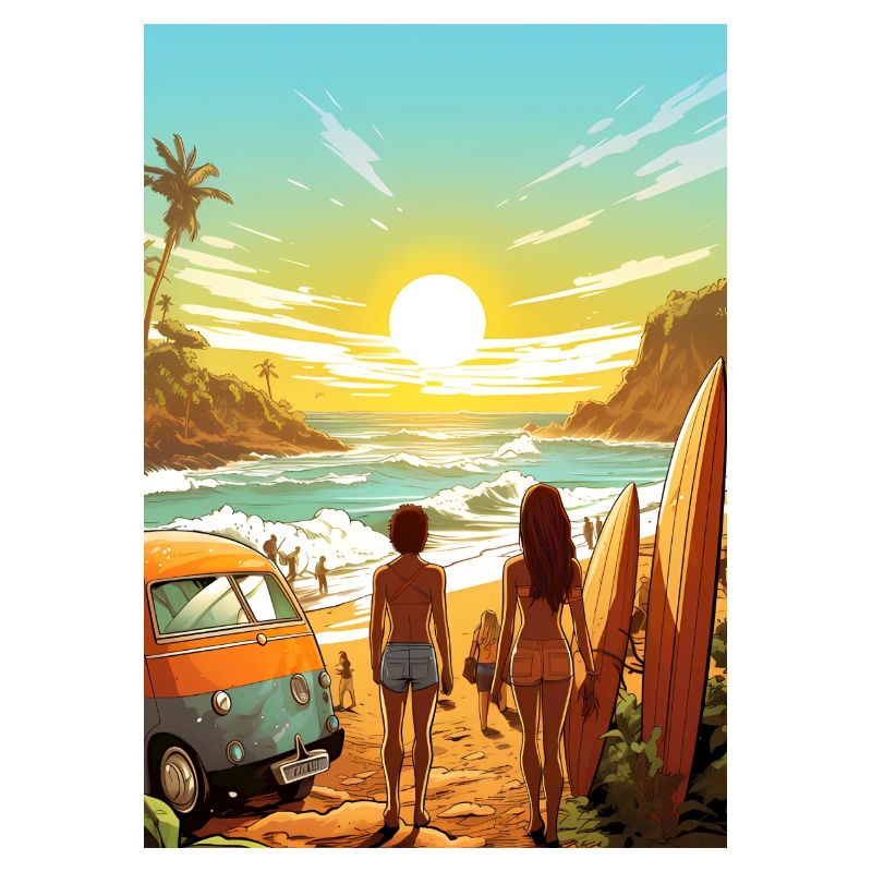 Scène de plage avec planche de surf