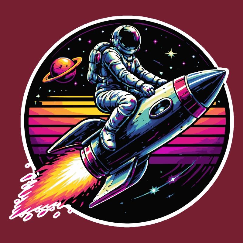 Astronaut on rocket in retro sunset