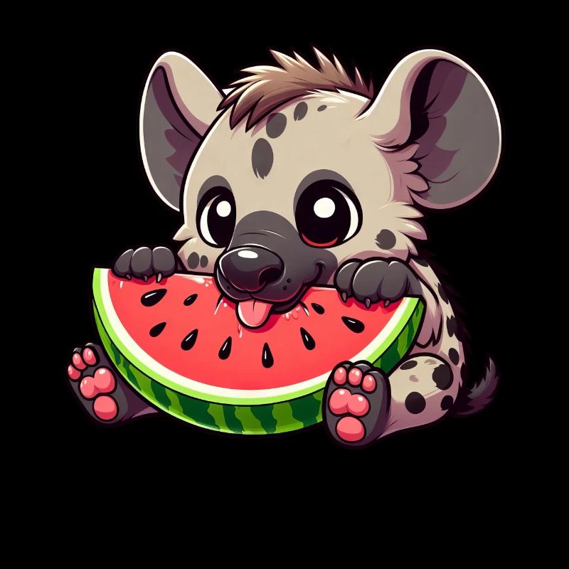 Funny hyena eats watermelon summer fruit