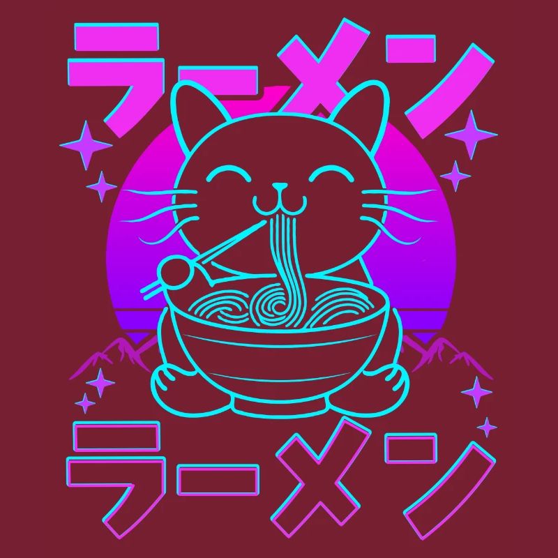 Rétro Kawaii Chat Mangeant Ramen
