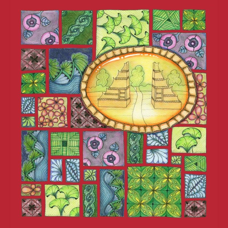 Bali temple on pattern patchwork