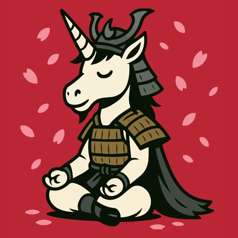 Meditierendes Samurai-Einhorn mit Kirschblüten
