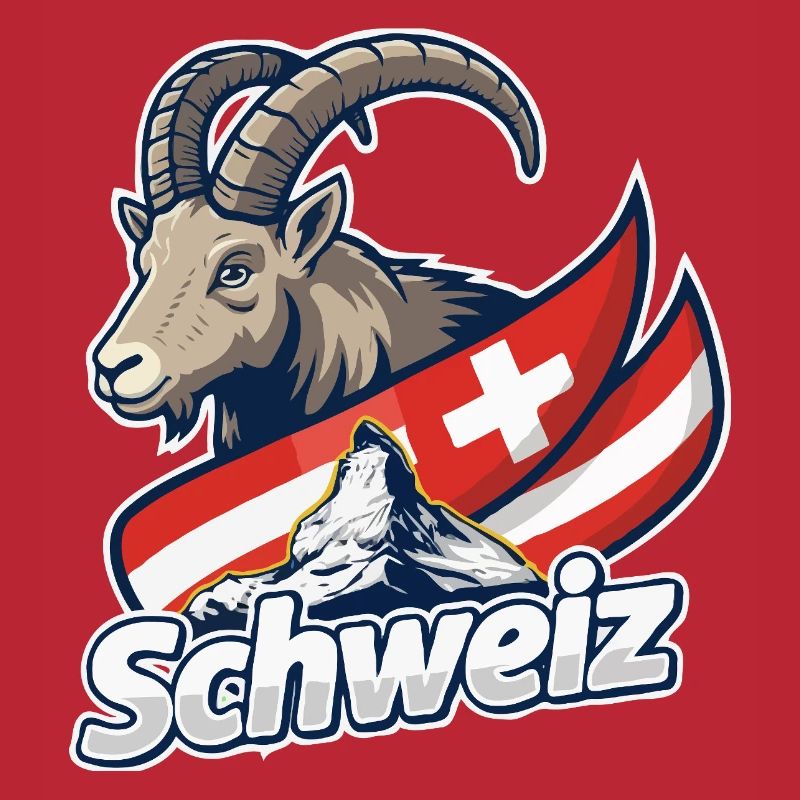 Alpensteinbock mit Schweizer Flagge
