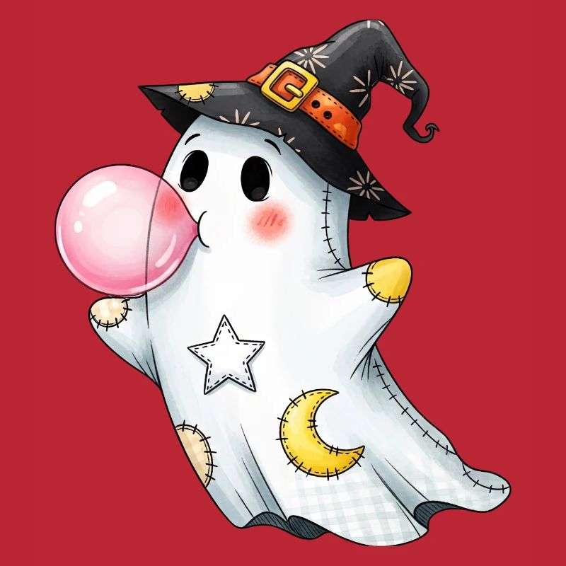 Patchwork cartoon ghost with bubble gum bubble