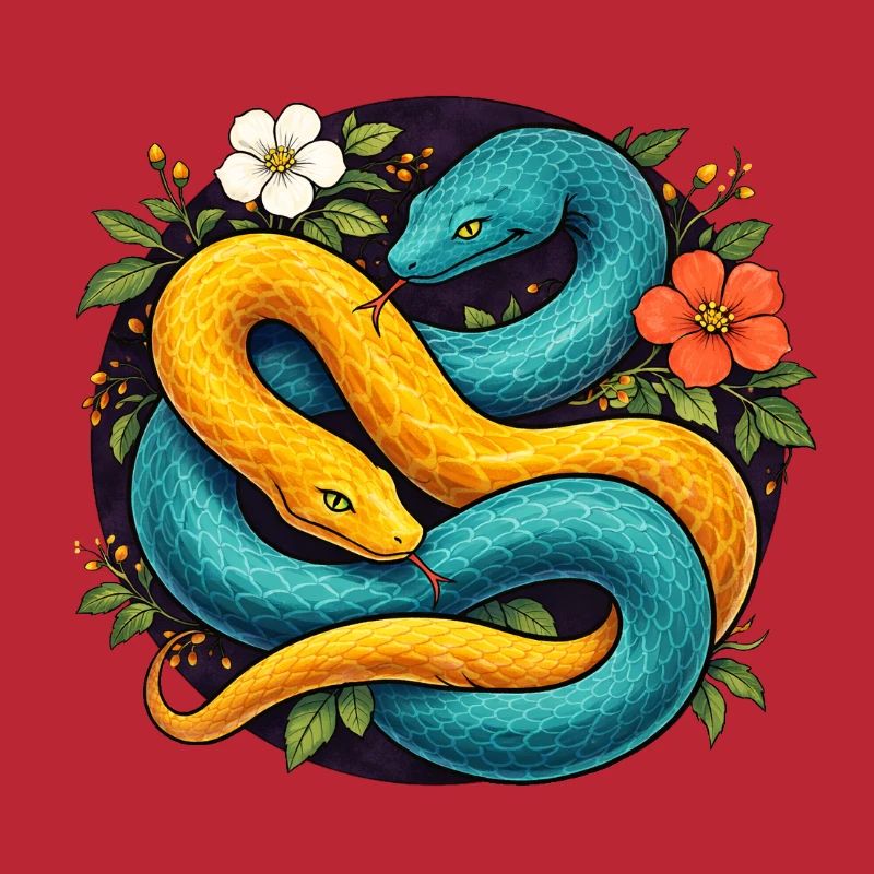 Deux serpents python dans l’anneau fleuri