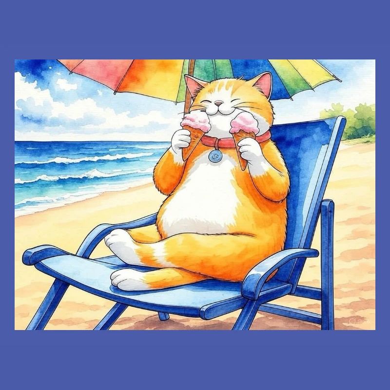 Katze am Strand mit Eiscreme