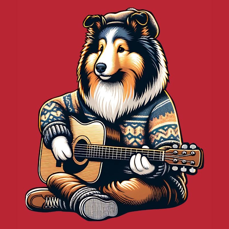 Collie Mit Akustikgitarre Im Strickpullover