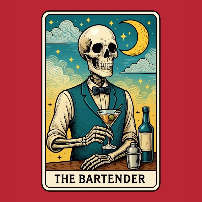 Skeleton bartender with moon sky