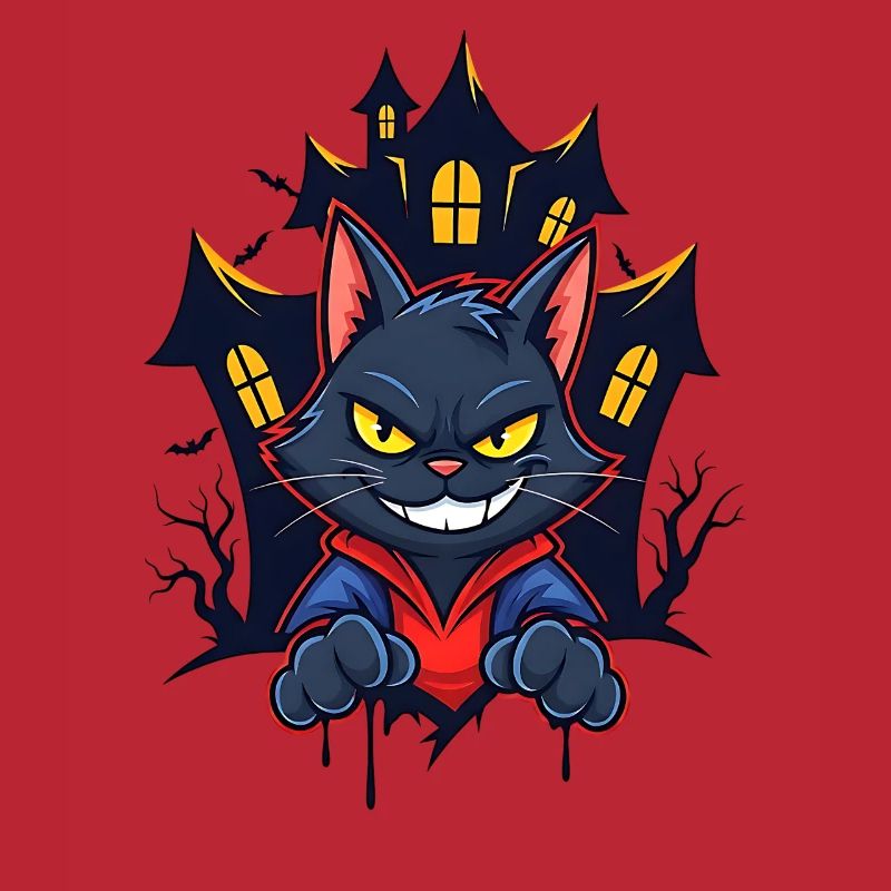 Chat souriant devant une maison hantée