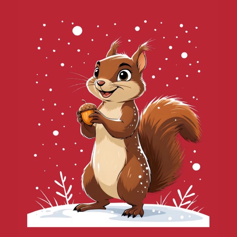 Winterliches Eichhörnchen mit Eichel