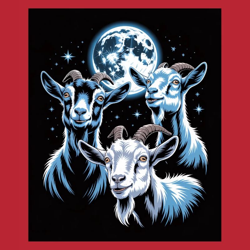 Three goats under full moon night sky