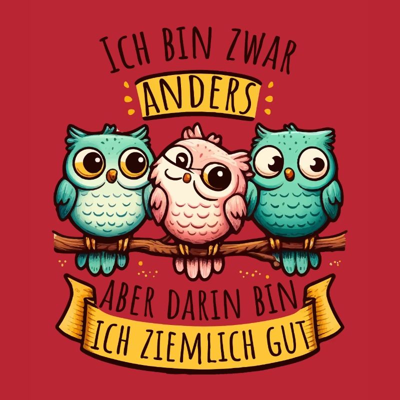 Anderssein Spruch mit bunten Eulen