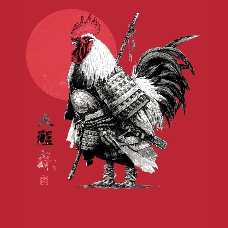 Samurai Rooster in Armor Under Red Sun