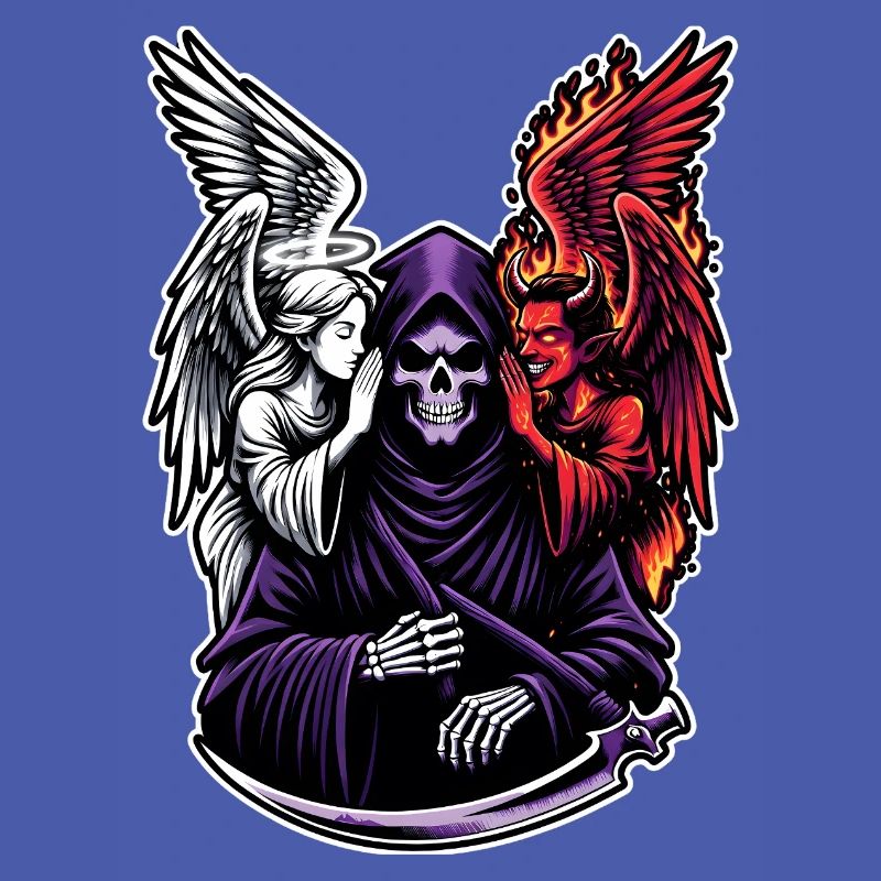 Sensenmann mit Engel und Dämon