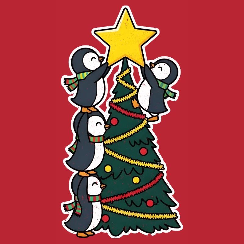Penguins decorating Christmas tree