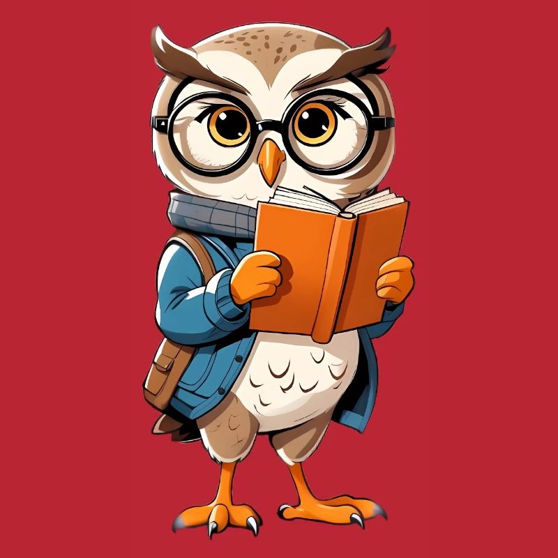 Lernende Eule mit Brille liest Buch