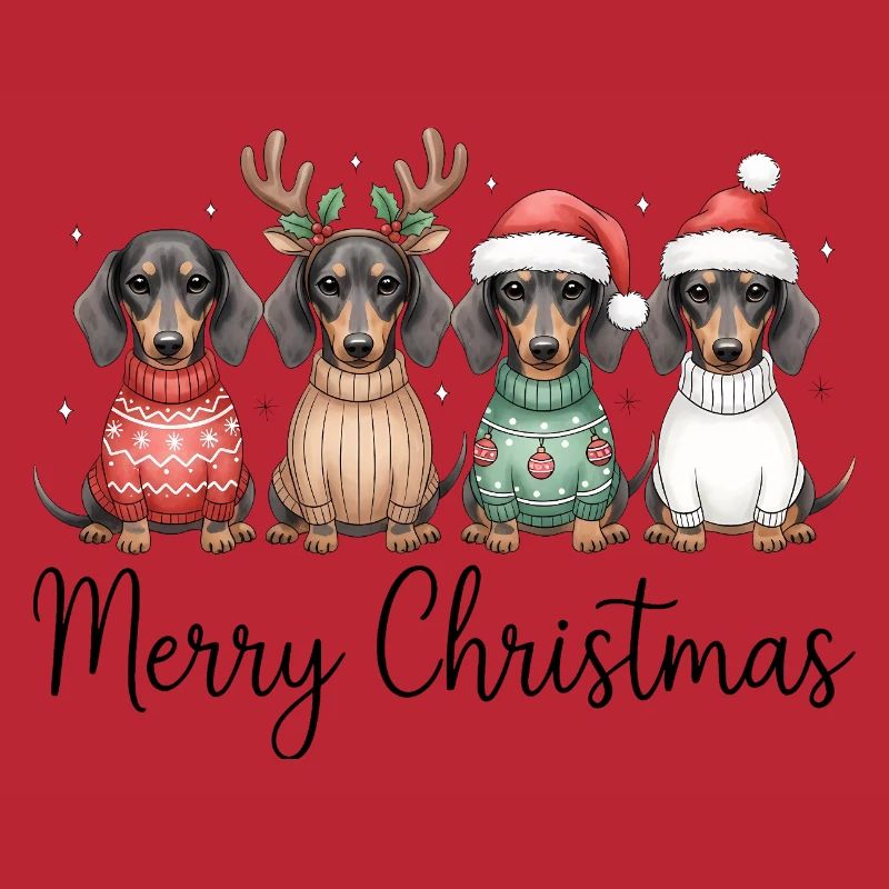 Vier Dackel, Dachshunde in Weihnachtspullover