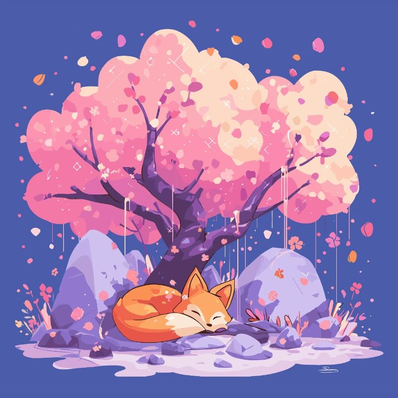 Sleeping fox under cherry tree