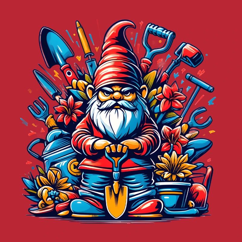 Colorful, grim garden gnome with flowers & tools