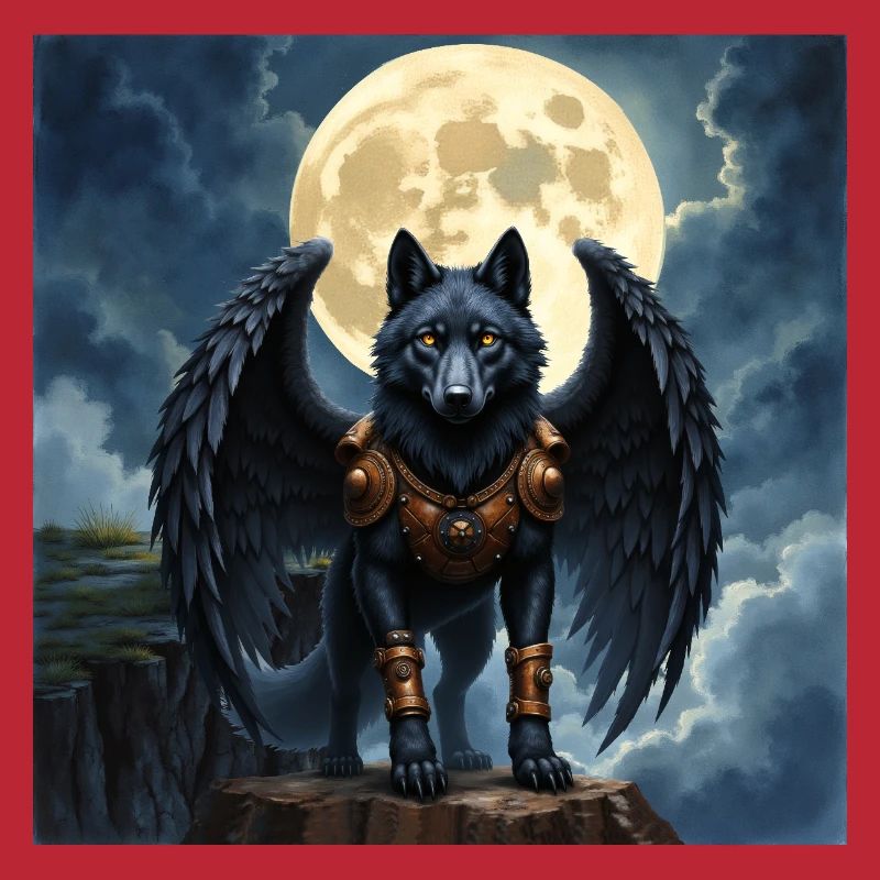 Winged wolf under full moon